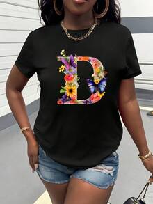 Women's Pure Cotton T-Shirt, Casual Loose Style, With Letter D Print, Casual And Fashionable Short Sleeve Sweatshirt, Round Neck T-Shirt For Women. - 黑色 - 查看 1