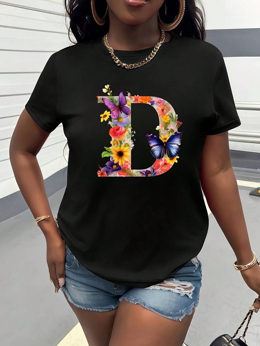 Women's Pure Cotton T-Shirt, Casual Loose Style, With Letter D Print, Casual And Fashionable Short Sleeve Sweatshirt, Round Neck T-Shirt For Women. - 黑色 - 查看 1