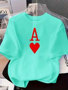 Women's T-Shirt, Short-Sleeved T-Shirt With Round Neck, 100% Machine Washable, Easy Care, Casual Design With Red Heart Prints And The Letter A In Playing Cards, New Summer Style 2026 For Daily Wear And Travel. - 黑色 - 查看 11