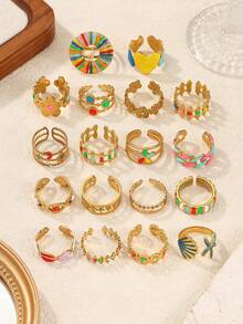 4/6/12/16pcs Stainless Steel 18K Gold Plated Mixed Pattern Rings Set, High Quality Resin Inlaid, Assorted Shapes, Adjustable Size, Random Styles, Suitable For Women Daily Decoration Or Gift - Yellow Gold - View 4