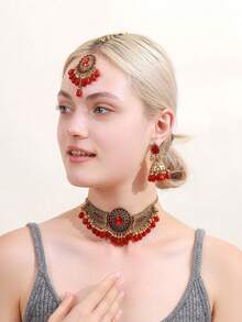 Bộ trang sức mạ vàng - Dây chuyền choker + Hoa tai + Trâm cài tóc Maang Tikka đính hạt trắng, hoàn hảo cho đám cưới và tiệc tùng. - Hạt cánh - Xem 3