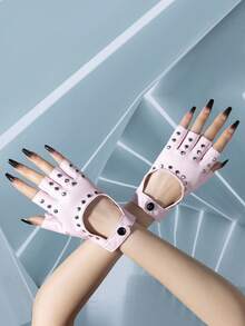1 Pair Unisex Fashion Punk Style Solid Color PU Rivet Strap Half Finger Gloves, Suitable For Outdoor, Cycling, Sports, Street Dance Performance - Multicolor - View 9