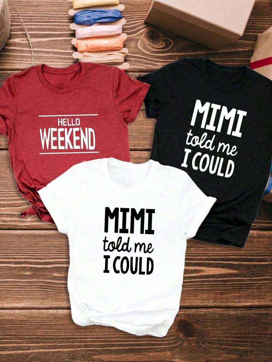 Nuevo modelo 2026, no es un conjunto de 3 piezas, camiseta casual de manga corta para mujer, estampada con las palabras "Hola fin de semana, Mimi me dijo que puedo," camiseta de manga corta con cuello redondo para mujer, top deportivo casual de algodón puro y transpirable, adecuada como regalo para vacaciones, primavera, festival de las mariposas y Pascua. - Negro - Ver 1