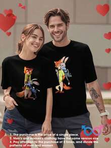 Disney Zootopia Lovers T-Shirt Fox Rabbit Love Print Series Short-Sleeved T-Shirt Can Be Machine-Washed Leisure Love Gift, Send Him And Her-Valentine's Day Love Dress, Romantic Wear, Cartoon Printed Comfortable Top. - Phụ nữ da đen - Xem 1
