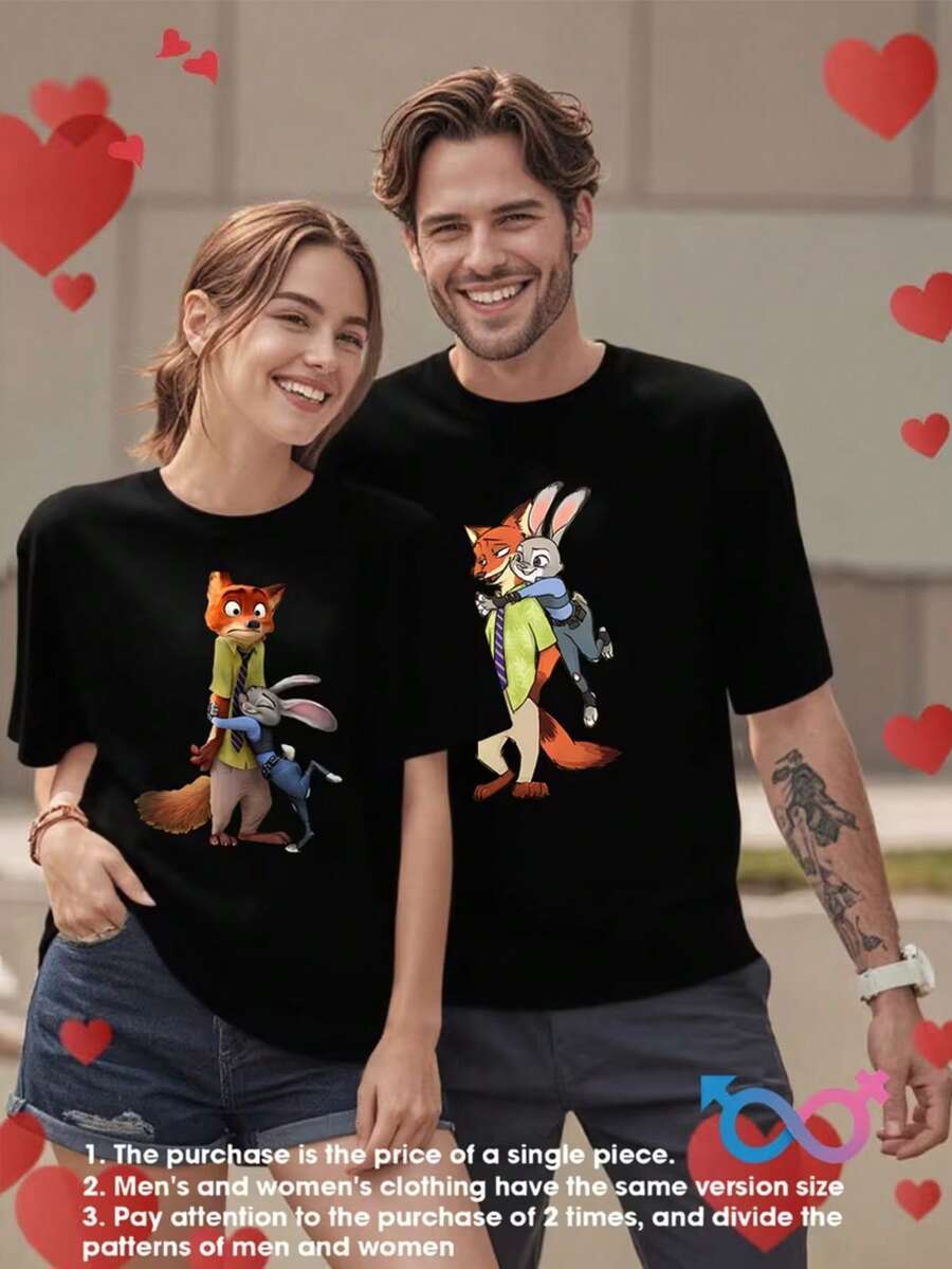 Disney Zootopia Lovers T-Shirt Fox Rabbit Love Print Series Short-Sleeved T-Shirt Can Be Machine-Washed Leisure Love Gift, Send Him And Her-Valentine's Day Love Dress, Romantic Wear, Cartoon Printed Comfortable Top. - Phụ nữ da đen - Xem 1