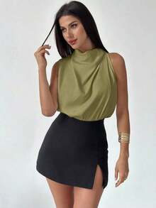 Camisa asimétrica plisada de color albaricoque, elegante y de moda, para uso diario en la oficina, de vacaciones o en festivales de música, para primavera/verano - Verde - Ver 5