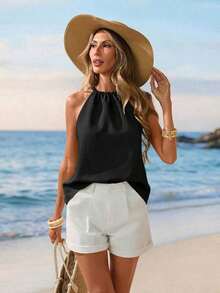 Camiseta de tirantes con cuello halter con estampado floral pequeño, adecuada para primavera y verano - Negro 2 - Ver 2