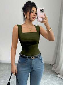 Top ajustado de tirantes de cuello cuadrado de unicolor elegante y casual para mujer, verano - Verde militar - Ver 7