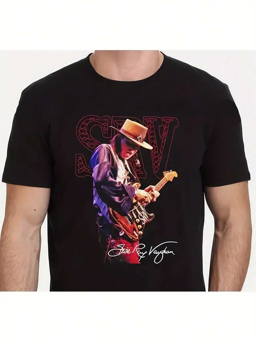 T-Shirt, Steve Reaugh Vaughan, Electric Guitarist. Casual Short-Sleeved T-Shirt, A Suitable Short-Sleeved Garment For Home, Everyday Wear, Parties, And Travel-Perfect As A Gift For Friends Or Family. - 黑色 - 查看 1