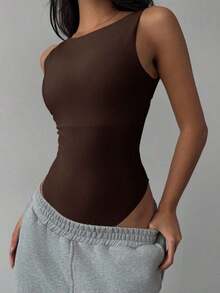 Body sin espalda de punto de unicolor casual para mujer - Marrón - Ver 4