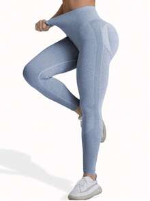 sin costuras de cintura alta de unicolor para uso diario, fitness y yoga para mujeres - Azul 2 - Ver 2