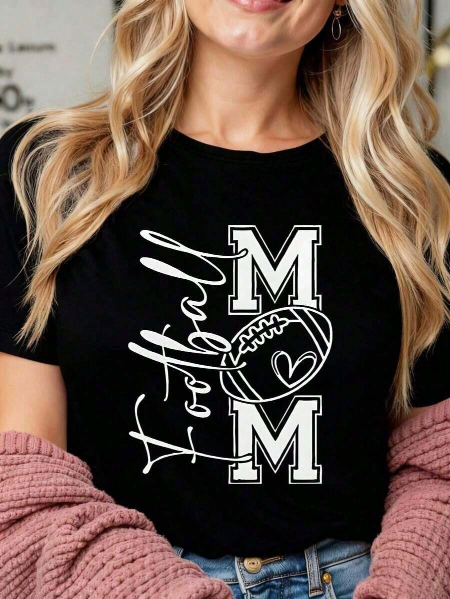 NEW Women's American Football Mom T-Shirt With Ball And Heart Design, Casual Sporty Vintage Street Style, Unisex Loose Cotton Short Sleeve Crew Neck T-Shirt - 黑色 - 查看 1