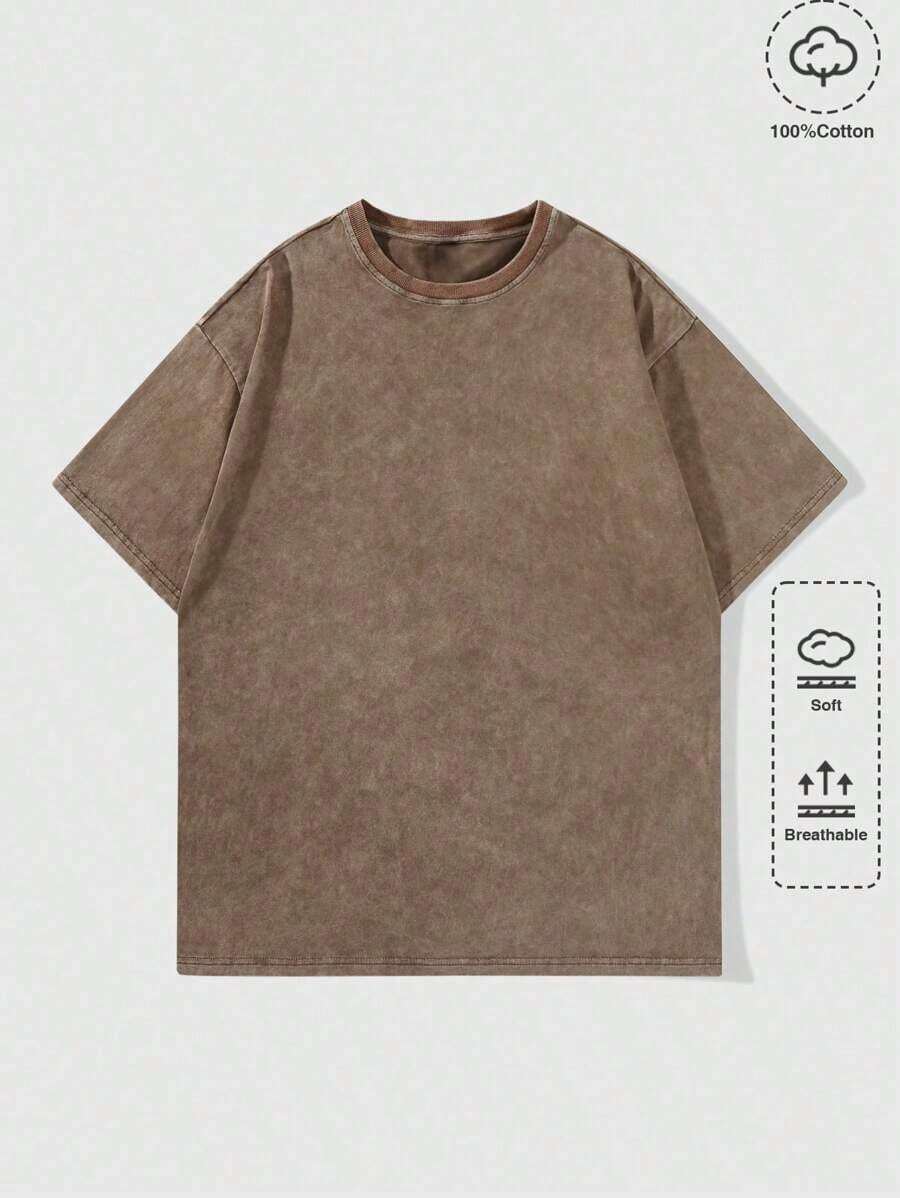 Women's & Men's ROMWE MEN Camiseta de verano de manga corta con cuello redondo casual y versátil de unicolor para hombre - Café integral - Ver 1