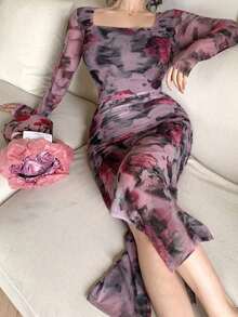 Vestido con estampado floral de primavera y verano, vestido elegante de manga larga transparente con dobladillo de sirena ajustado para festival de música, boda, fiesta, vestido de paseo - Rojo violeta - Ver 10