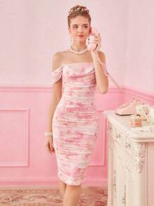 Vestido elegante con estampado floral suave y mangas de mariposa sin tirantes - Rosa - Ver 3