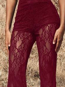 Pantalones elegantes de cintura alta con volantes de encaje para mujer, para citas, salidas nocturnas, para otoño e invierno - Burdeos - Ver 3