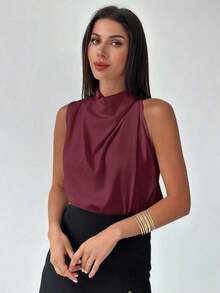 Blusa asimétrica plisada de color albaricoque, elegante y de moda para uso diario, oficina, vacaciones y festivales de música, primavera/verano - Burdeos - Ver 3