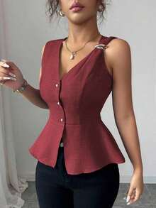 Nueva llegada Blusa de verano minimalista y elegante para mujer con diseño de hebilla de metal, cuello en V sin mangas y cintura ceñida a rayas de algodón cómodo - Burdeos - Ver 2