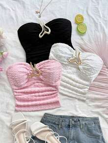 3 piezas Parte superior de camisola acortada con textura de punto para mujer con decoración de hebilla metálica con forma de corazón hueco, ajustada y estilizadora, adecuada para Navidad, cita nocturna, discoteca, playa, crucero, té de la tarde, es - Multicolor 4 - Ver 3