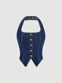 Blusa vaquera de mujer de cuello halter versátil y de un solo botonadura - Azul lavado oscuro - Ver 5