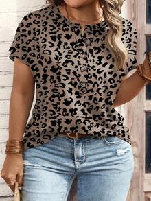 Nueva camiseta de manga corta con cuello en V y estampado de leopardo, talla grande, popular para mujeres en primavera/verano - Multicolor 13 - Ver 6