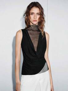 Camiseta sin mangas sexy con cuello drapeado de malla transparente, volantes y bajo asimétrico para mujer, nueva colección primavera/verano - Negro - Ver 7