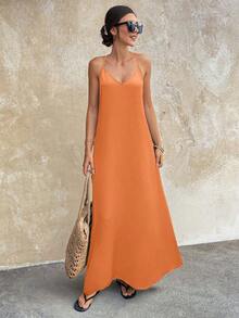 Vestido largo elegante de mujer con tirantes finos, espalda descubierta y lentejuelas, adecuado para fiestas, bodas, playa y vacaciones, color negro, para verano - Naranja - Ver 4