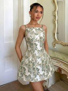 Vestido de mujer sin tirantes con decoración jacquard y floral 3D, vestido de té de lujo para banquetes y fiestas, vestido de princesa francés elegante con espalda descubierta y recortes, sexy y elegante para verano - Verde - Ver 5