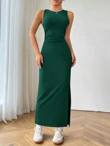 Vestido sin mangas sencillo de unicolor para el uso diario de las mujeres - Verde - Ver 4