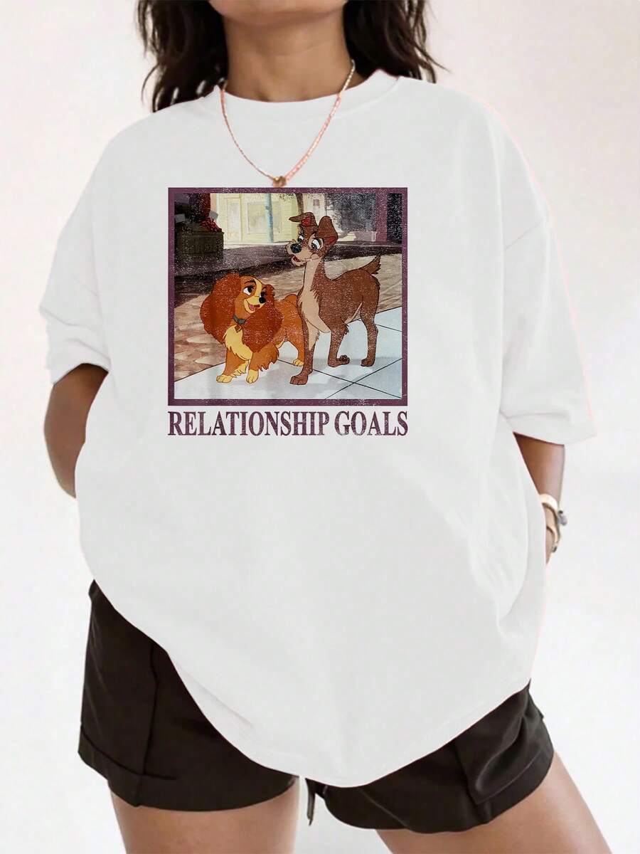 Two Adorable Dogs Gazing Tenderly At Each Other Symbolize A Sincere Connection And Relationship Goals Based On Love And Respect. Comfortable, Classic-Cut Women's T-Shirt, Soft And Breathable, Suitable For Everyday Wear. - White - View 1