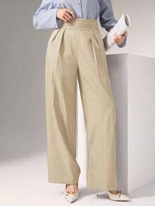 Pantalones anchos de cintura alta plisados, elegantes y apropiados para el trabajo en otoño/invierno - Caqui - Ver 3