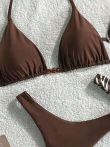 Swim Mod Conjunto de bikini de 4 piezas para vacaciones en la playa, con rayas azules y base marrón, lunares azules y cuentas, para primavera/verano 2026 para mujeres - Multicolor 9 - Ver 3