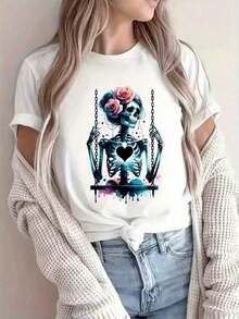 Women's Plus Size Graphic T-Shirt - Stretch Knit Sweater With Crew Neck And Short Sleeves - Casual And Party Wear, Machine Washable, Urban Style, Breathable Material, Modern Blouse For Young Adult Women, Casual Graphic Print Art Loose Fit Crew Neck Short Sleeve Spring Summer Everyday Wear T-Shirt - 白色心型骷髏 - 查看 9
