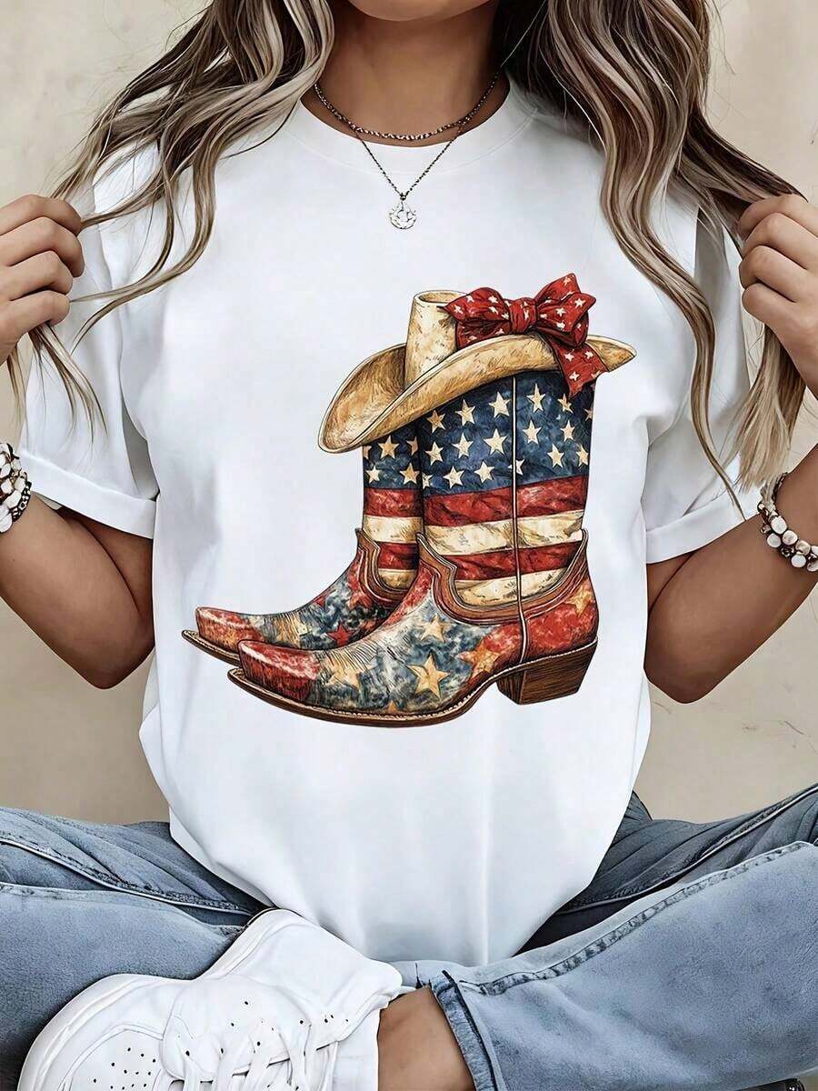 1 Piece Women's Round Neck T-Shirt With American Flag Print, Cowboy Boots And Hat, Short Sleeve, Casual Summer Style For Patriotic Events And Western Style Outfits, 180g 100% Cotton. - 白色 - 查看 1