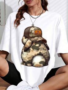 1 Piece Of White Cotton T-Shirt With Rabbit Print, Camouflage Hat, And Egg Hunter, Women's Casual Wear, Spring And Summer Sets, 180g, 100% Cotton. - 白色 - 查看 1