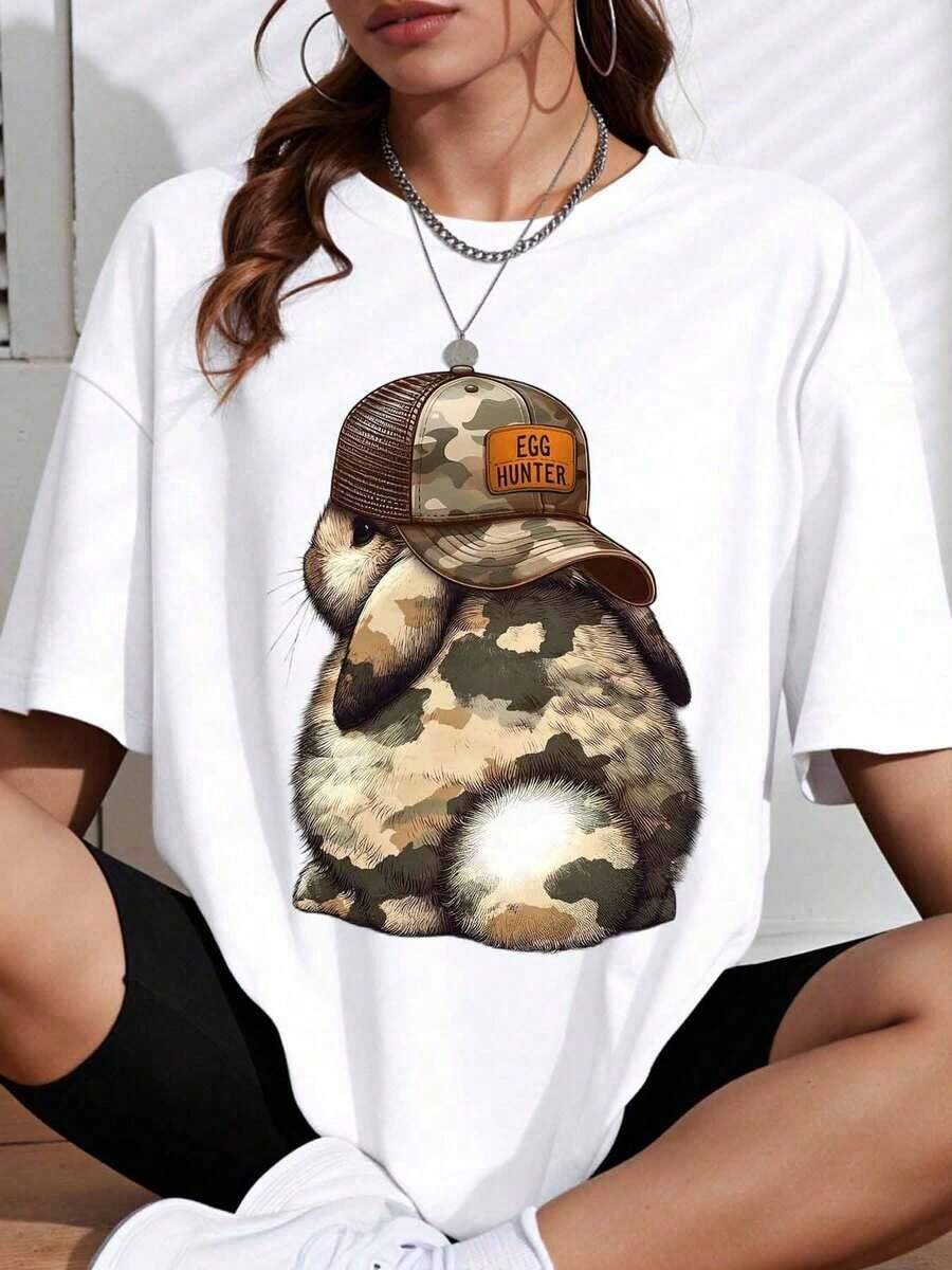 1 Piece Of White Cotton T-Shirt With Rabbit Print, Camouflage Hat, And Egg Hunter, Women's Casual Wear, Spring And Summer Sets, 180g, 100% Cotton. - 白色 - 查看 1