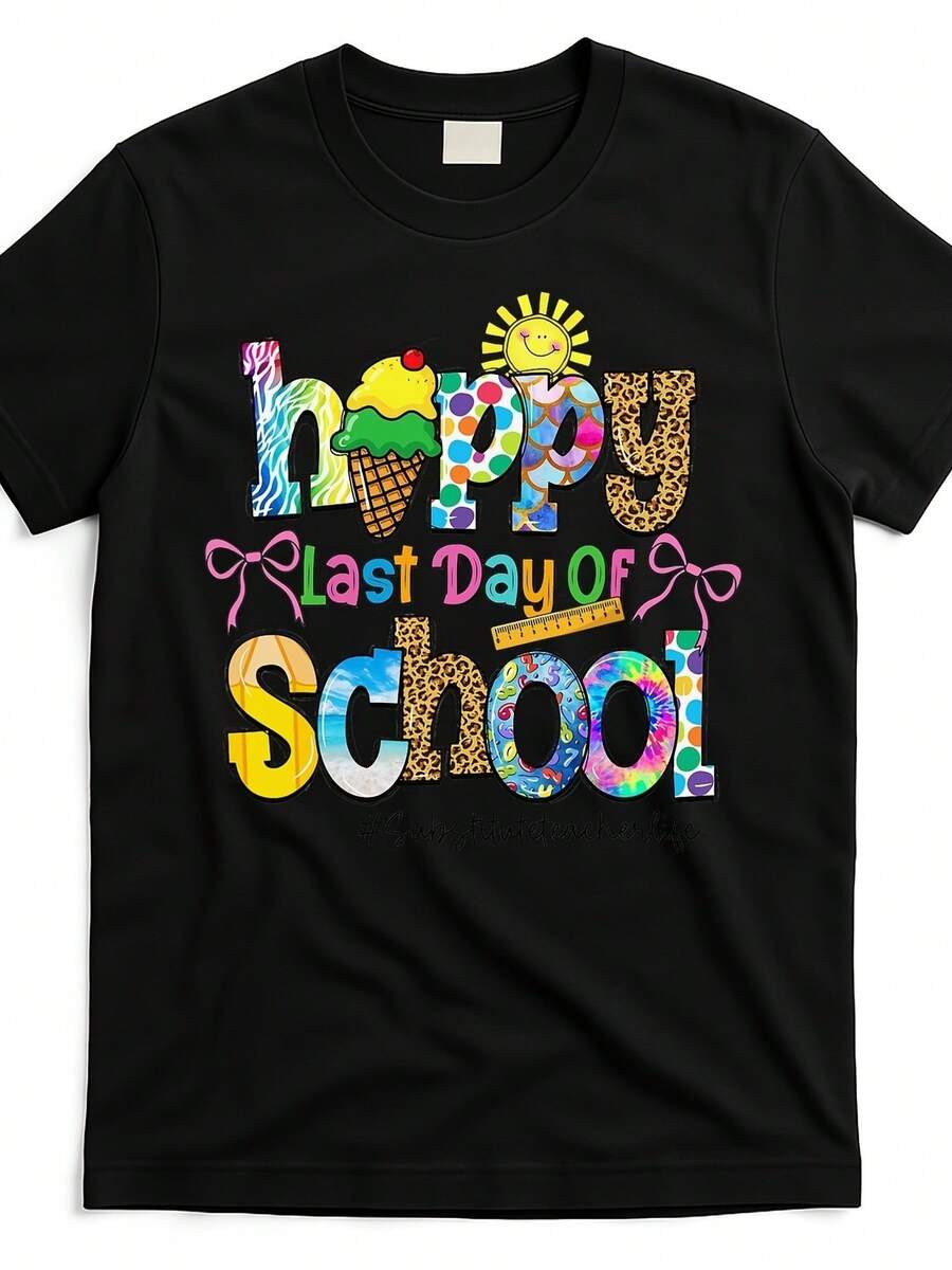 Summer T-Shirt For Substitute Teachers "Happy Last Day Of The Semester", Unisex, Printed Short-Sleeve T-Shirt For Summer 2026, Men's Black Short-Sleeve Crew Neck Easter T-Shirt, Designed For Casual Wear In All Seasons, Fun Appearance And Comfortable Fit, Perfect Easter Clothing For Everyday Outfits And Gifts, Circus T-Shirt, Perfect For Vacation And Playtime, Great For Parties And Family Holiday Outfits, Summer Outfit, Warm Weather Clothing. - 黑色 - 查看 1