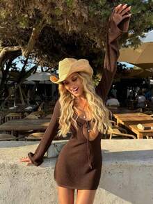 Women's Hollow Out Short Knitted Cardigan Dress, V-Neck Tie Waist Knit Dress With Flare Sleeves, Suitable For Spring/Summer Beach Vacation Style - Coffee Brown - View 2