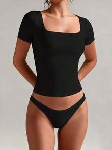 Camiseta ajustada de manga corta con cuello cuadrado de unicolor básico para mujer, blanco casual de verano - Negro - Ver 3