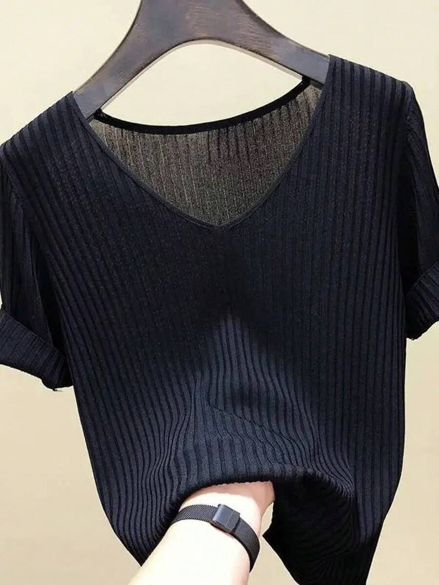 AOSSVIAO 2026 Suéter Básico de Verano para Mujer, Cuello en V, Sólido, Fino, Tejido Acanalado, Manga Corta, Ajustado - Negro - Ver 1