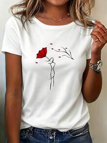 Camiseta de algodón puro, nueva moda de verano, camiseta sencilla con estampado floral, estilo casual coreano, cuello redondo regular, manga corta. - Blanco - Ver 1