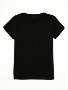 Women's Casual T-Shirt With Printed Bow - White Pattern Design On Left Chest, Lightweight And Breathable, Short Sleeve Crew Neck Top, Machine Washable, Spring And Summer Essential - 黑色 - 查看 2