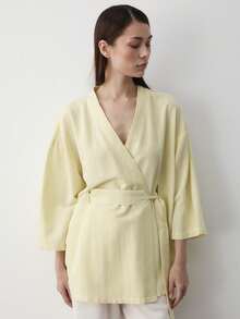 Women Lightweight Kimono Cardigan Tie Front Loose Fit Beach Cover Up Casual Summer Shirt - Yellow - View 4