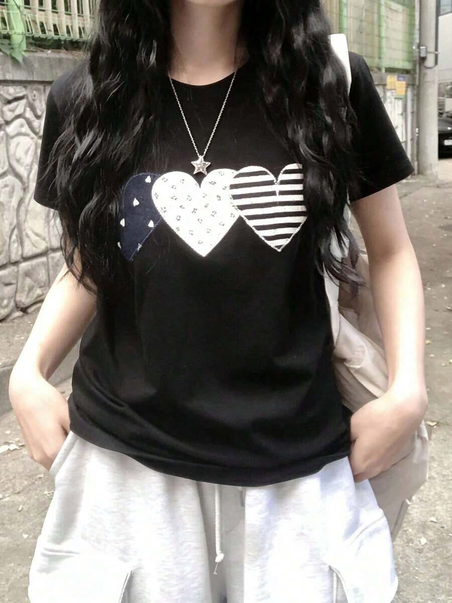 Women's Short-Sleeved T-Shirt, Round Neck, Loose Fit For Summer - Black - View 1