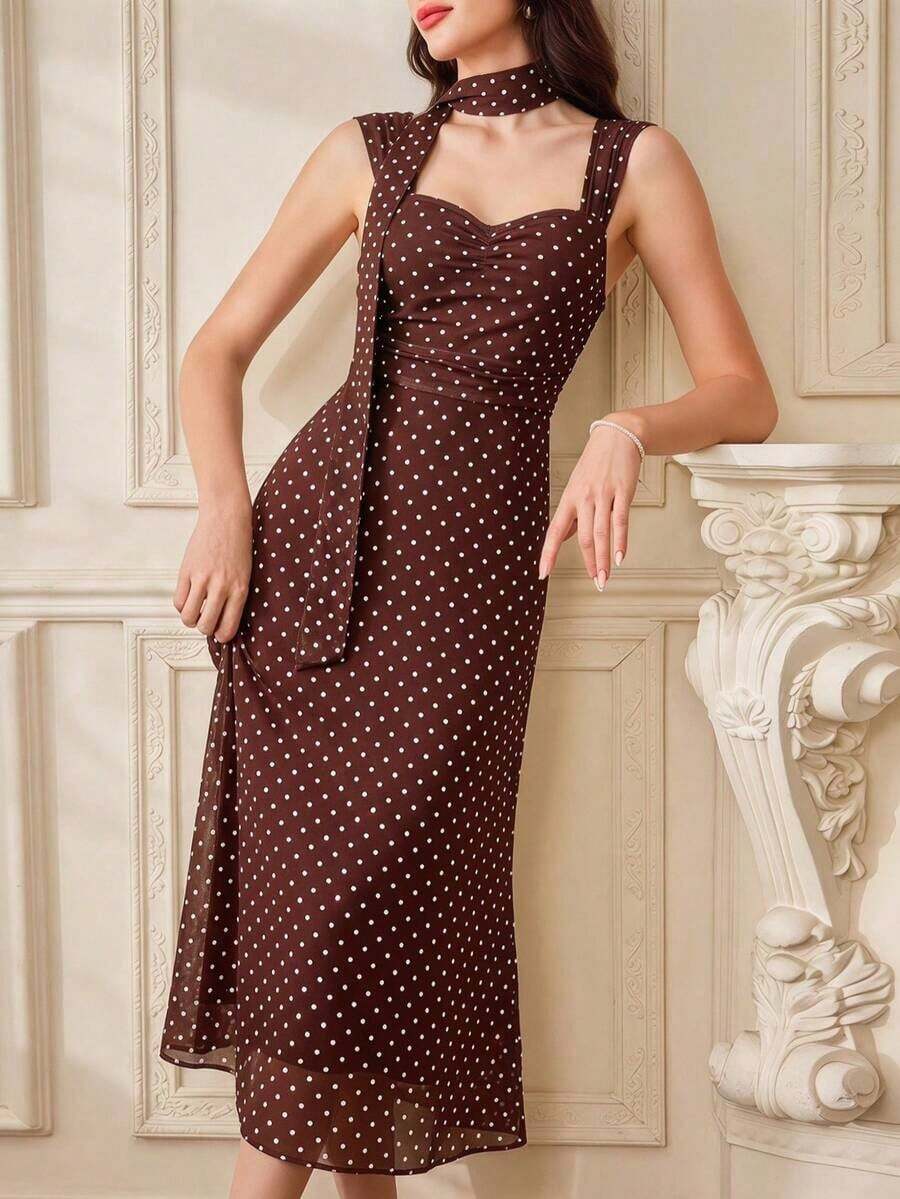 Vestido elegante vintage de mujer con estampado de lunares, vestido ajustado de malla de gasa, vestido casual de oficina para vacaciones, vestidos de verano para mujer, atuendos de festival, vestidos de fiesta para el Día de la Madre, vestidos elegantes para fiestas, vestidos elegantes para bodas, vestidos de graduación, vestidos de fiesta, atuendos de vacaciones, vestidos de campo, vestidos elegantes para ceremonias - Marrón - Ver 1