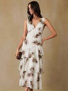 Aveloria Revavyn Vestido maxi elegante y grácil de mujer con escote en V profundo y sin mangas, de gasa ligera con estampado floral romántico, con cintura ceñida y dobladillo con volantes en capas, adecuado para citas, vacaciones, lujo y delicadeza - Multicolor 2 - Ver 3
