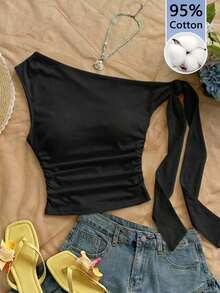 Blusa asimétrica de hombro con pliegues y estampado de lunares estilo Y2K para mujer - Negro - Ver 9