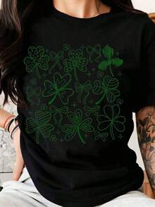 St. Patrick's Day T-Shirt With Green Four-Leaf Clover And Bow Design For Women And Men, To Celebrate The Irish Festival, Graphic Tee With Lucky Charm. - 黑色 - 查看 6