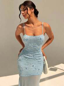 Vestido elegante de fiesta/festival para mujer, ajustado, de tirantes finos, con espalda descubierta, en color azul, con cuentas y malla, con bajo de cola de sirena, vestido sexy - Azul - Ver 4