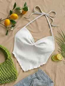 Nuevo top casual de vacaciones, estilo occidental, para invitados de boda en la playa, graduación, brunch, Día de San Patricio, vacaciones de primavera, Pascua, festival de música, elegante, bohemio, tropical, con cuello halter y lazo en la espalda - Blanco 2 - Ver 5